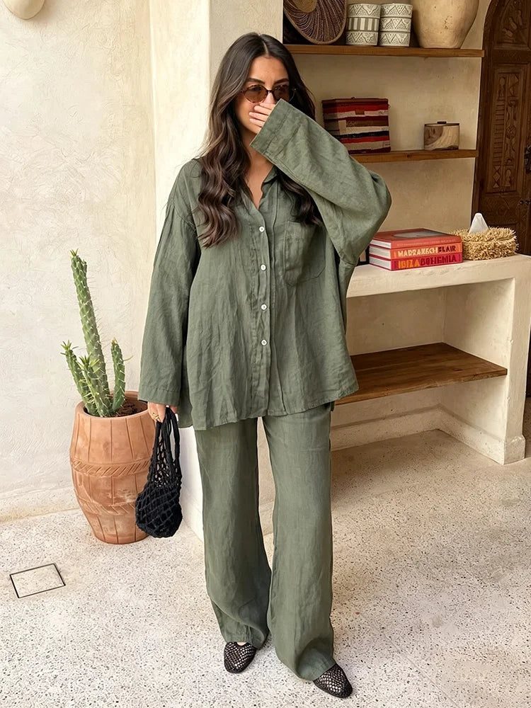 Ensemble Coton Lin Femme Chemise Manches Bouffantes + Pantalon Large | 2 Pièces Décontracté Été 2026