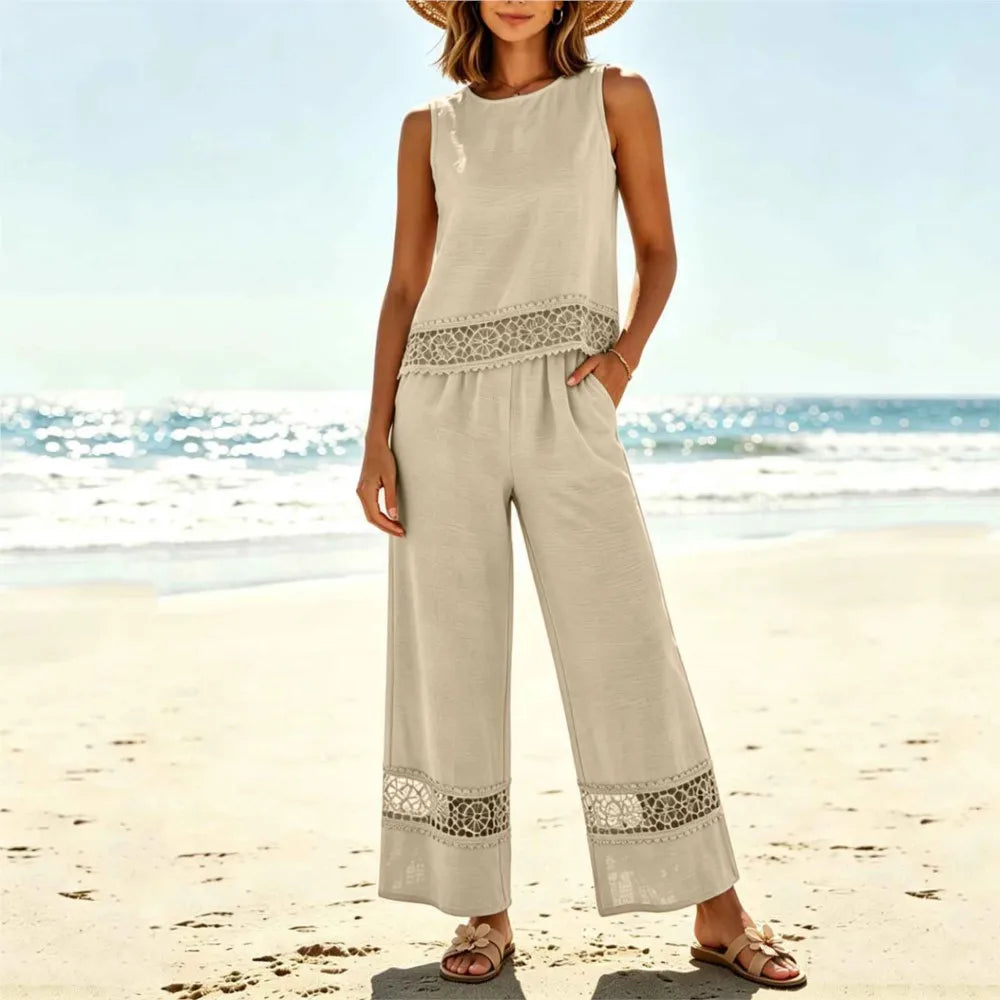 Ensemble 2 Pièces Femme Top Dentelle + Pantalon Large | Vacation Beach Chic | Tenue Été Légère