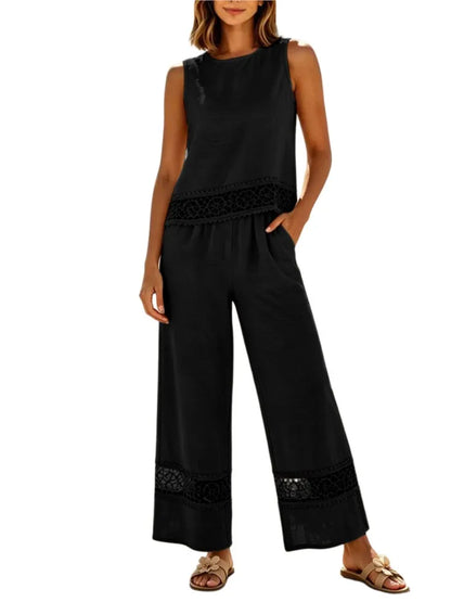 Ensemble 2 Pièces Femme Top Dentelle + Pantalon Large | Vacation Beach Chic | Tenue Été Légère