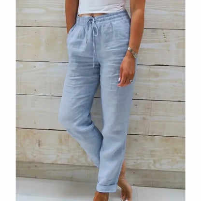 Women Summer Autumn Breathable Cotton Linen Trendy Pants Elastic Waist  Straight Leg Solid Color Female Casual Baggy Trousers