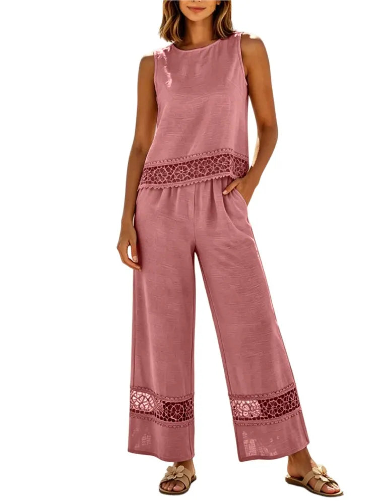 Ensemble 2 Pièces Femme Top Dentelle + Pantalon Large | Vacation Beach Chic | Tenue Été Légère