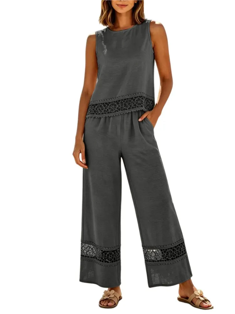 Ensemble 2 Pièces Femme Top Dentelle + Pantalon Large | Vacation Beach Chic | Tenue Été Légère