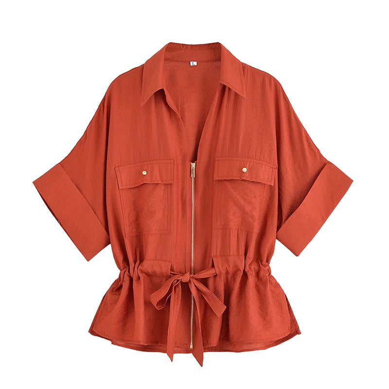Ensemble Femme Chemise Zippée + Pantalon Taille Élastique | 2 Pièces Chic Contemporain Bureau Été