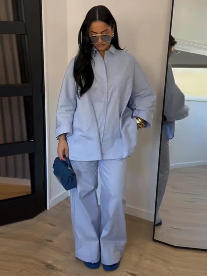 Ensemble Femme Chemise Manches Longues + Pantalon Droit Taille Haute | 2 Pièces Élégant Bureau Été