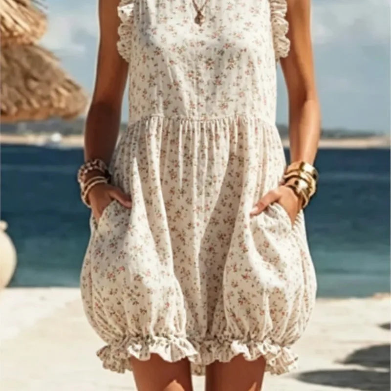 Robe Mini Femme Bohème Rayée | Sans Manches Poche Col Rond Dentelle | Robe de Plage Décontractée