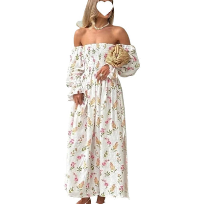 Robe Midi Femme Tricot Épaule Asymétrique | Manches Lanternes Florale | Robe Longue Fendue Élégante