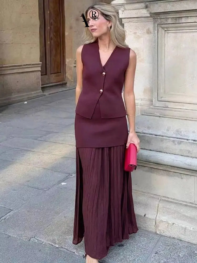 Ensemble Tricot Femme Top Col V + Jupe Longue Fendue | 2 Pièces Bordeaux Élégant Soirée