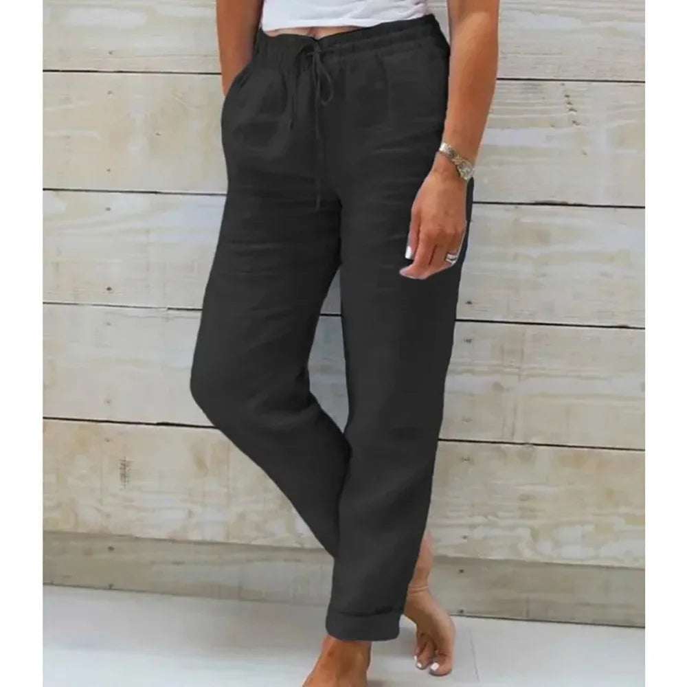Women Summer Autumn Breathable Cotton Linen Trendy Pants Elastic Waist  Straight Leg Solid Color Female Casual Baggy Trousers