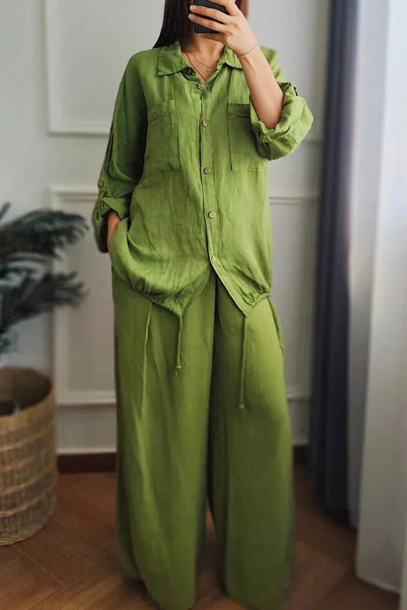 Ensemble Femme Chemise Boutonnée + Pantalon Large | 2 Pièces Lounge Wear Confort Vacances Été