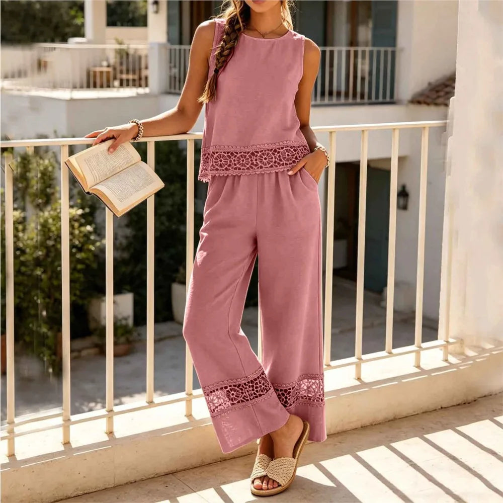 Ensemble 2 Pièces Femme Top Dentelle + Pantalon Large | Vacation Beach Chic | Tenue Été Légère