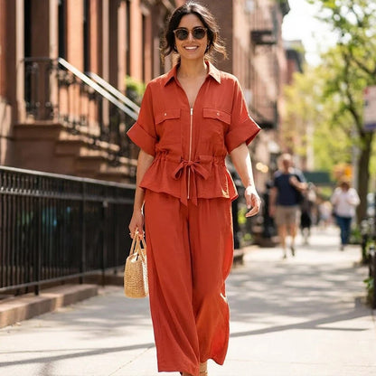 Ensemble Femme Chemise Zippée + Pantalon Taille Élastique | 2 Pièces Chic Contemporain Bureau Été