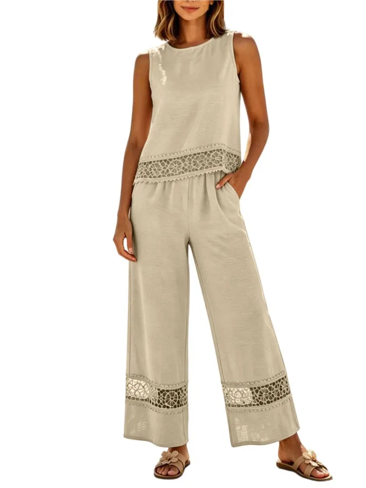 Ensemble 2 Pièces Femme Top Dentelle + Pantalon Large | Vacation Beach Chic | Tenue Été Légère