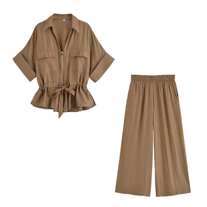 Ensemble Femme Chemise Zippée + Pantalon Taille Élastique | 2 Pièces Chic Contemporain Bureau Été