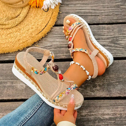 Sandales Compensées Femme T-Strap Élastique | Bout Ouvert Plateforme Été | Sandale de Plage Tendance