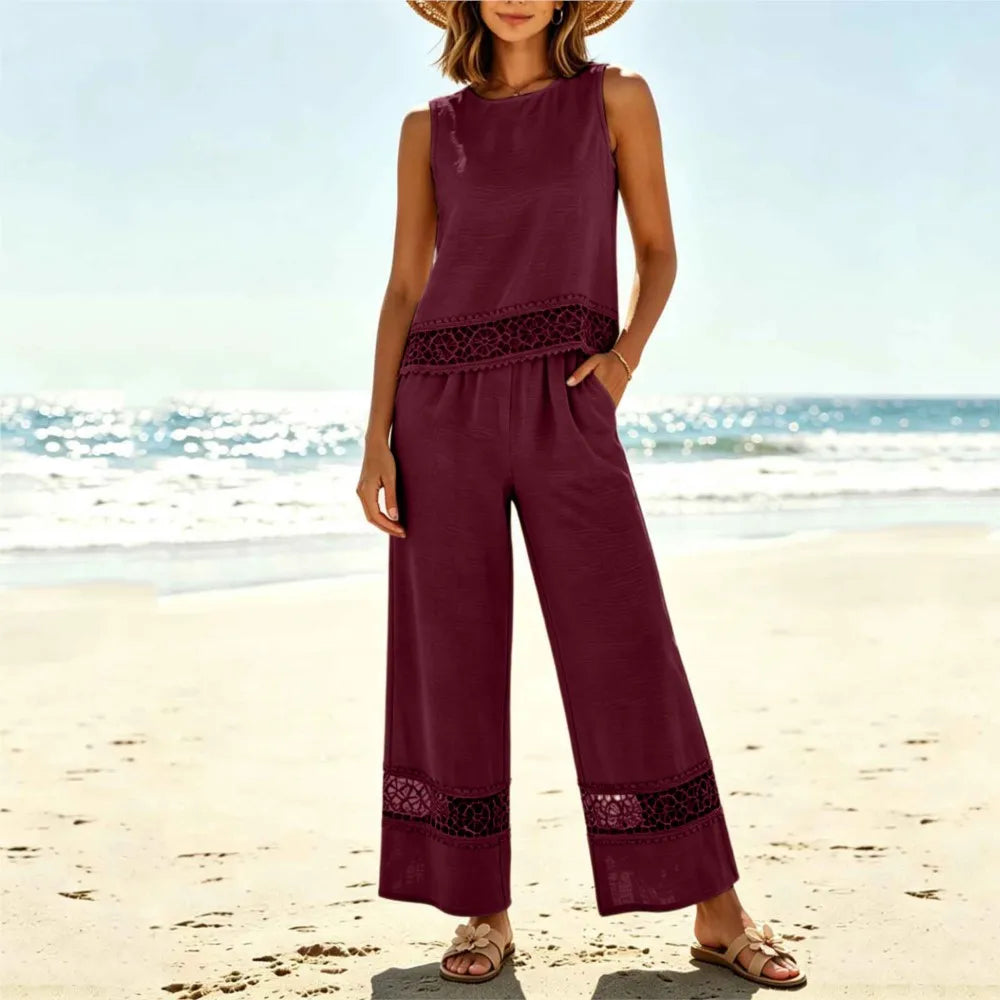 Ensemble 2 Pièces Femme Top Dentelle + Pantalon Large | Vacation Beach Chic | Tenue Été Légère