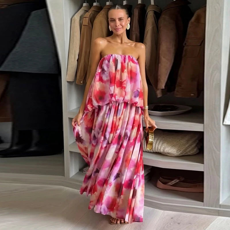 Robe Longue Femme Bandeau Épaules Dénudées | Effet Dégradé Dentelle Maxi | Robe de Soirée Été 2026