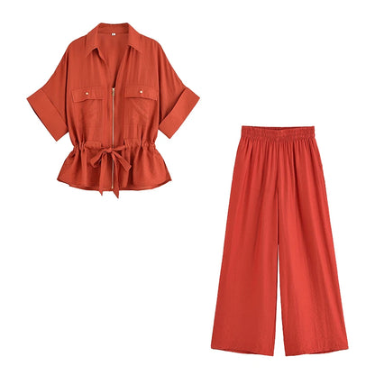 Ensemble Femme Chemise Zippée + Pantalon Taille Élastique | 2 Pièces Chic Contemporain Bureau Été