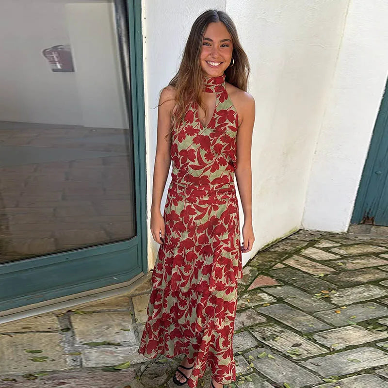 Robe Midi Femme Col Halter Fleurie | Découpe Volants 2026 | Robe Estivale Féminine