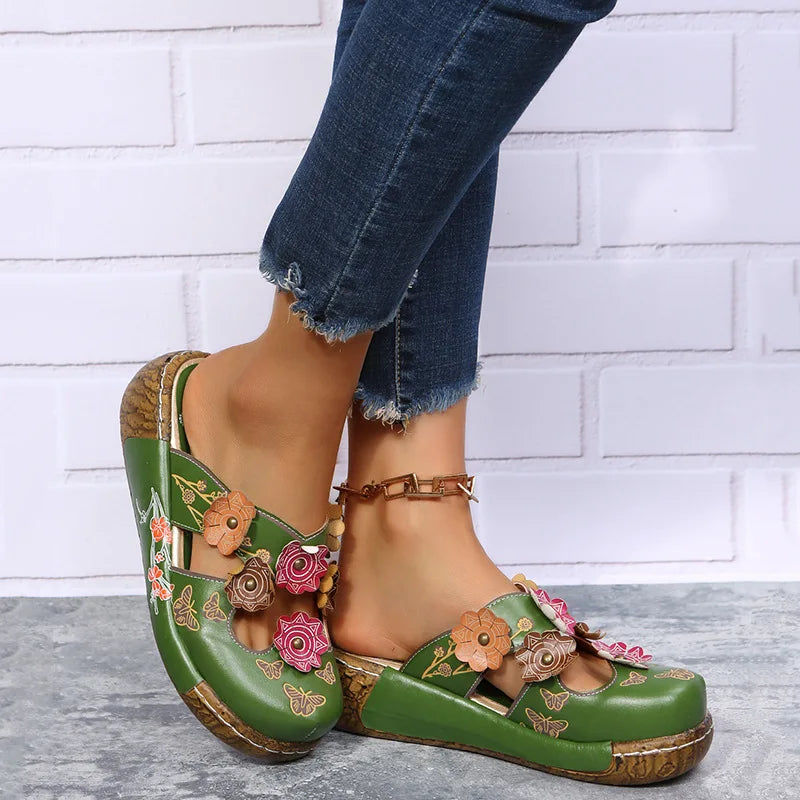 Sandales Artisanales Femme Ethnique Fleurs | Plateforme Légère Slip-On | Chaussures Bohème Plage Confort