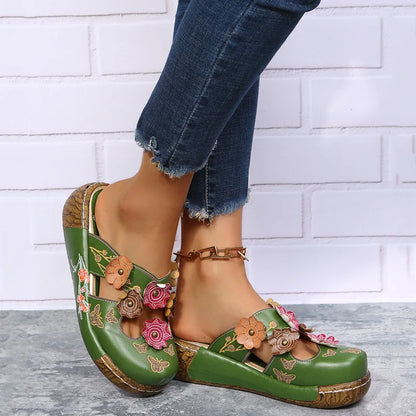 Sandales Artisanales Femme Ethnique Fleurs | Plateforme Légère Slip-On | Chaussures Bohème Plage Confort