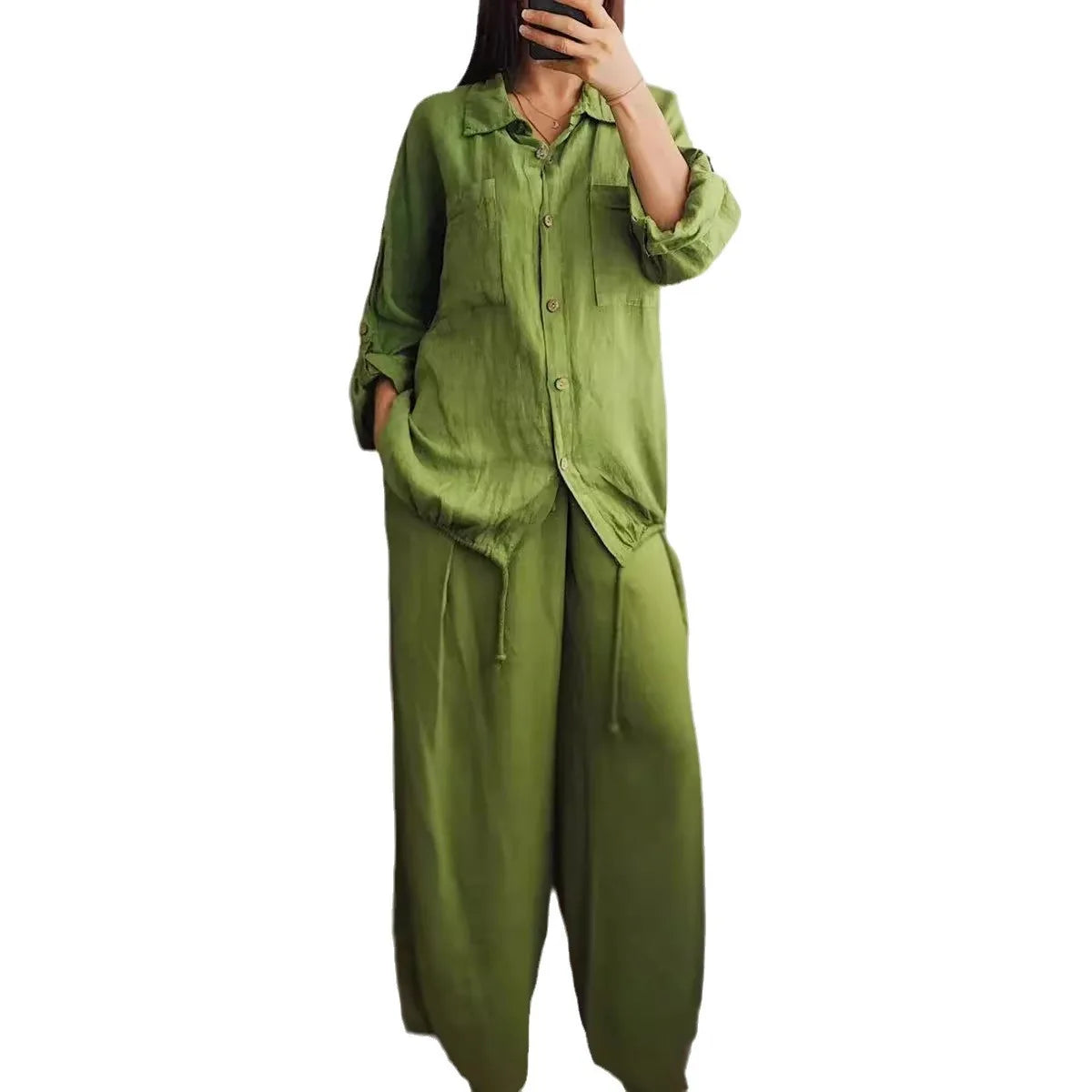 Ensemble Femme Chemise Boutonnée + Pantalon Large | 2 Pièces Lounge Wear Confort Vacances Été