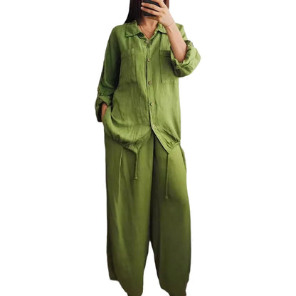 Ensemble Femme Chemise Boutonnée + Pantalon Large | 2 Pièces Lounge Wear Confort Vacances Été