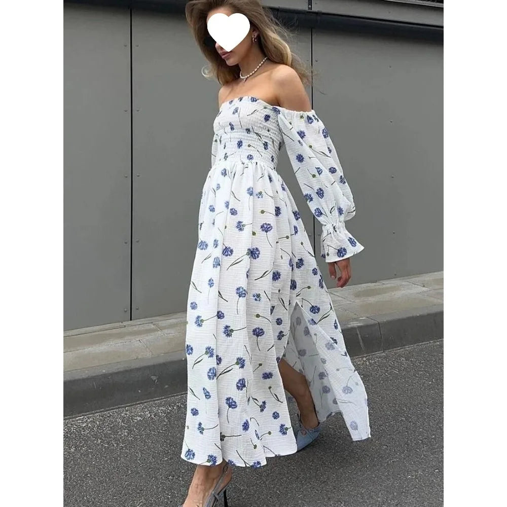 Robe Midi Femme Tricot Épaule Asymétrique | Manches Lanternes Florale | Robe Longue Fendue Élégante