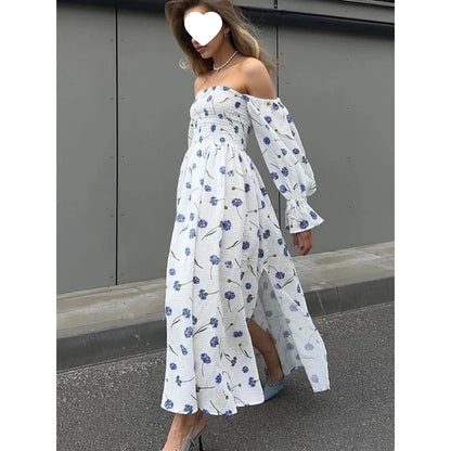 Robe Midi Femme Tricot Épaule Asymétrique | Manches Lanternes Florale | Robe Longue Fendue Élégante