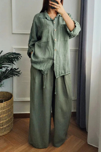 Ensemble Femme Chemise Boutonnée + Pantalon Large | 2 Pièces Lounge Wear Confort Vacances Été