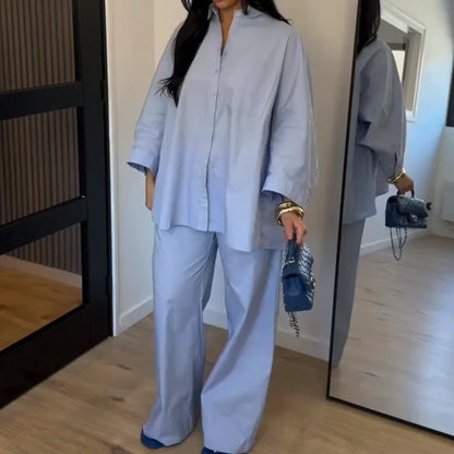 Ensemble Femme Chemise Manches Longues + Pantalon Droit Taille Haute | 2 Pièces Élégant Bureau Été