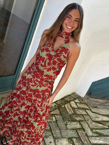 Robe Midi Femme Col Halter Fleurie | Découpe Volants 2026 | Robe Estivale Féminine