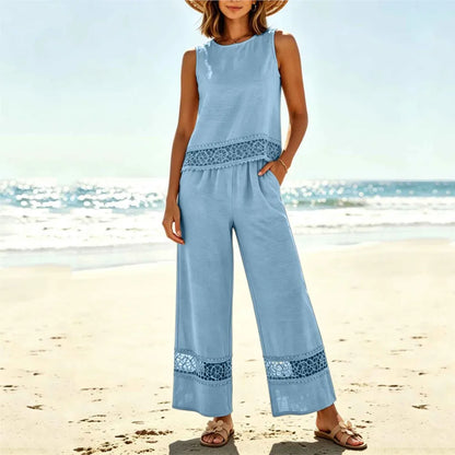 Ensemble 2 Pièces Femme Top Dentelle + Pantalon Large | Vacation Beach Chic | Tenue Été Légère