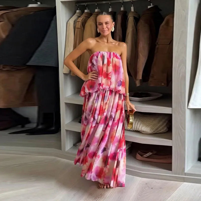 Robe Longue Femme Bandeau Épaules Dénudées | Effet Dégradé Dentelle Maxi | Robe de Soirée Été 2026
