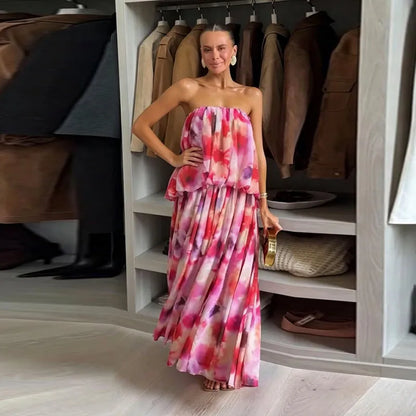 Robe Longue Femme Bandeau Épaules Dénudées | Effet Dégradé Dentelle Maxi | Robe de Soirée Été 2026