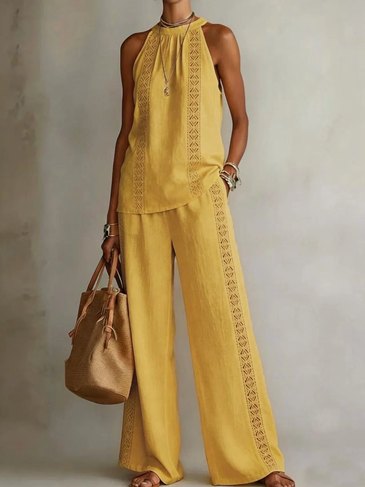 Ensemble Femme Top Halter Neck + Pantalon Large Dentelle Rétro | 2 Pièces Sexy Chic Été 2026