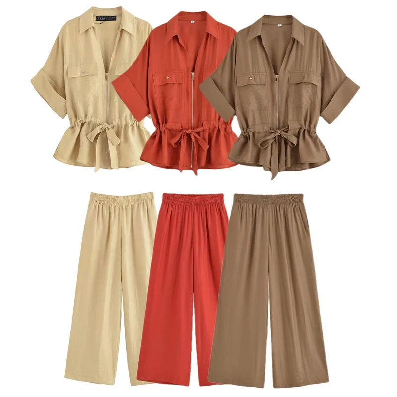 Ensemble Femme Chemise Zippée + Pantalon Taille Élastique | 2 Pièces Chic Contemporain Bureau Été