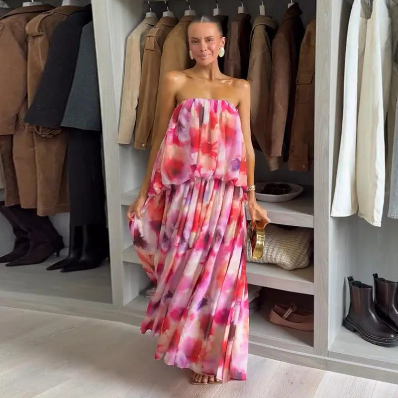 Robe Longue Femme Bandeau Épaules Dénudées | Effet Dégradé Dentelle Maxi | Robe de Soirée Été 2026