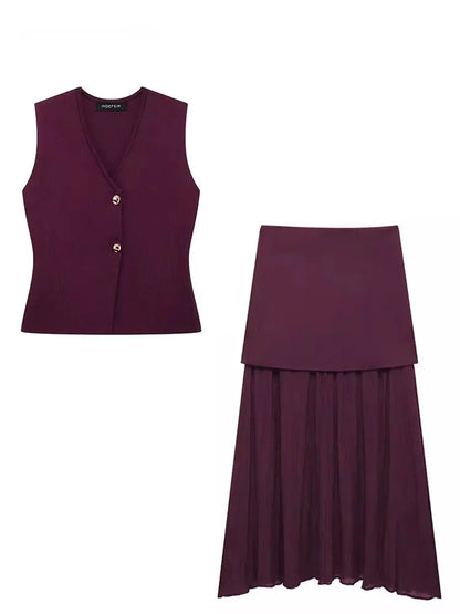 Ensemble Tricot Femme Top Col V + Jupe Longue Fendue | 2 Pièces Bordeaux Élégant Soirée