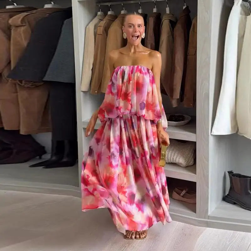Robe Longue Femme Bandeau Épaules Dénudées | Effet Dégradé Dentelle Maxi | Robe de Soirée Été 2026