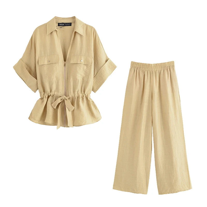 Ensemble Femme Chemise Zippée + Pantalon Taille Élastique | 2 Pièces Chic Contemporain Bureau Été