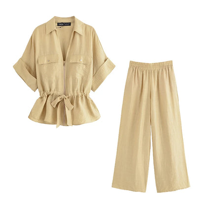 Ensemble Femme Chemise Zippée + Pantalon Taille Élastique | 2 Pièces Chic Contemporain Bureau Été