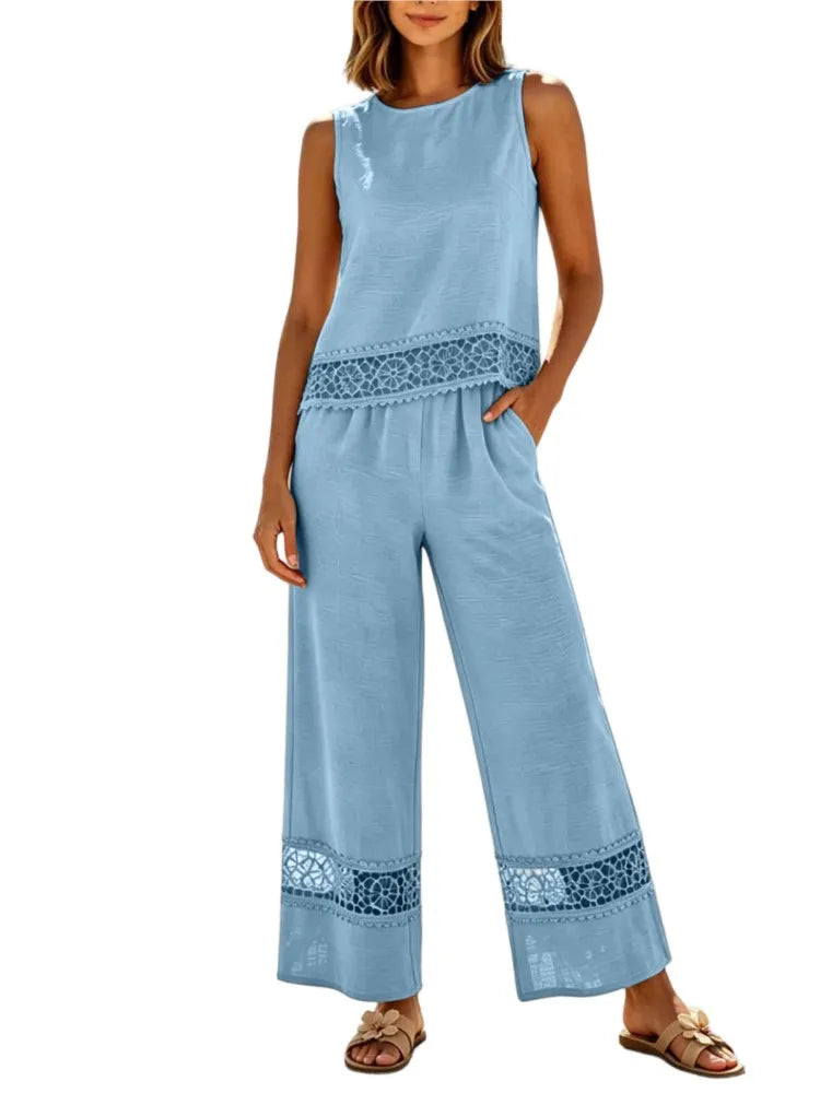 Ensemble 2 Pièces Femme Top Dentelle + Pantalon Large | Vacation Beach Chic | Tenue Été Légère