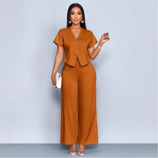 Ensemble 2 Pièces Femme Top Col V + Pantalon Large | Casual Chic Été