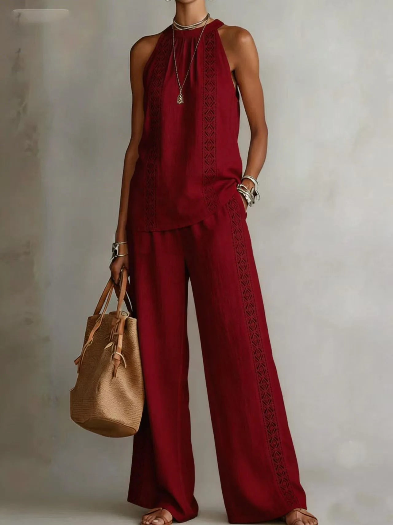 Ensemble Femme Top Halter Neck + Pantalon Large Dentelle Rétro | 2 Pièces Sexy Chic Été 2026