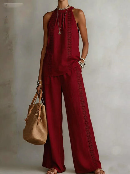 Ensemble Femme Top Halter Neck + Pantalon Large Dentelle Rétro | 2 Pièces Sexy Chic Été 2026