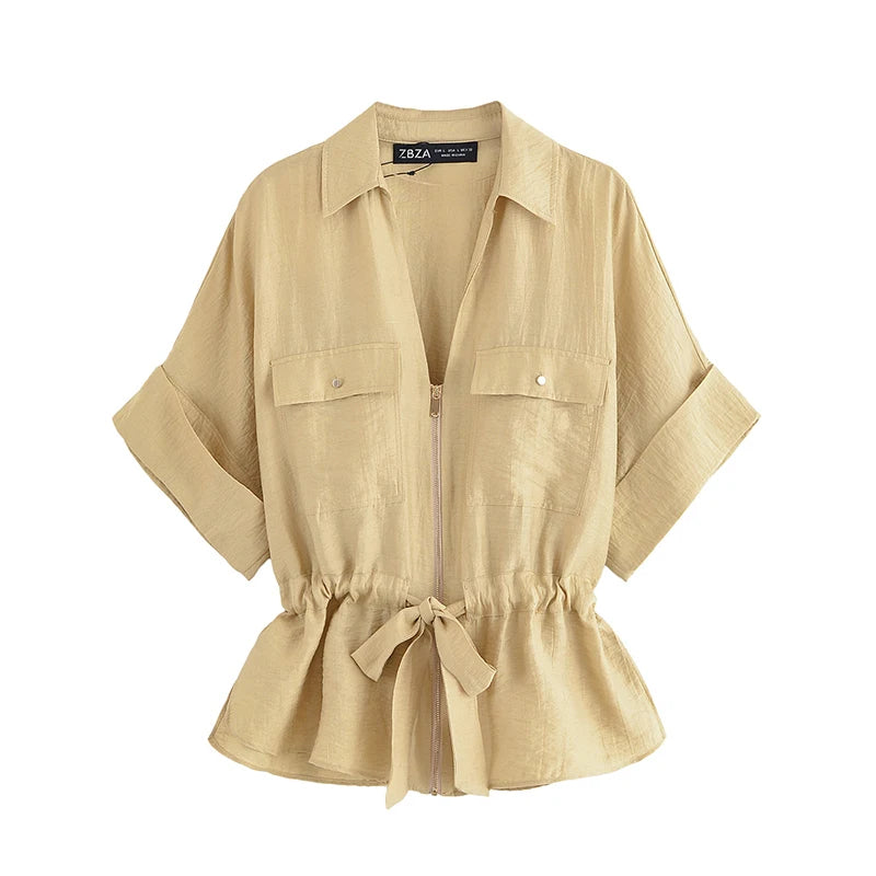 Ensemble Femme Chemise Zippée + Pantalon Taille Élastique | 2 Pièces Chic Contemporain Bureau Été