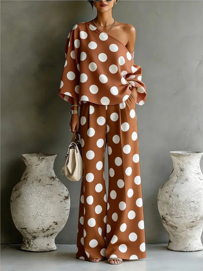 Ensemble Femme Imprimé Pois Top Épaule Dénudée + Pantalon Large | 2 Pièces Vacation Été Tendance