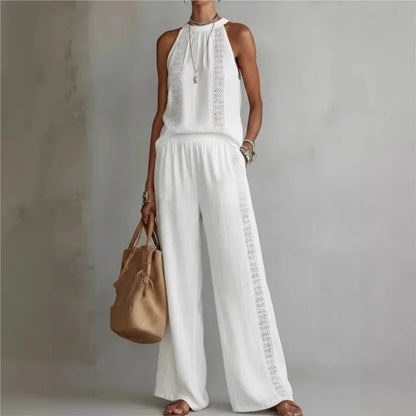 Ensemble Femme Top Halter Neck + Pantalon Large Dentelle Rétro | 2 Pièces Sexy Chic Été 2026