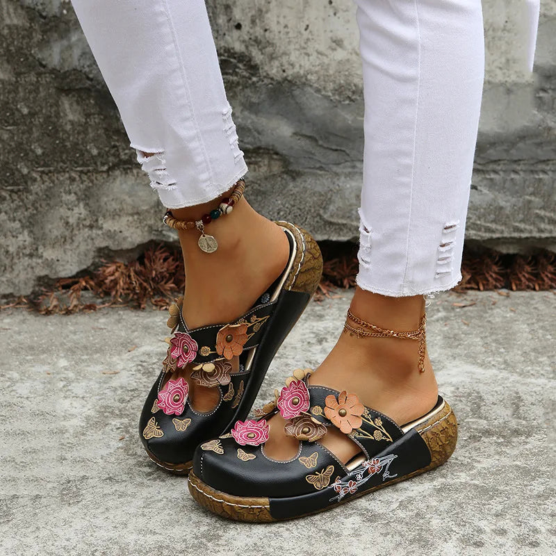 Sandales Artisanales Femme Ethnique Fleurs | Plateforme Légère Slip-On | Chaussures Bohème Plage Confort