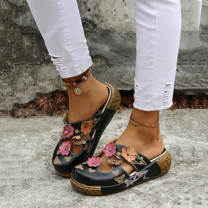 Sandales Artisanales Femme Ethnique Fleurs | Plateforme Légère Slip-On | Chaussures Bohème Plage Confort